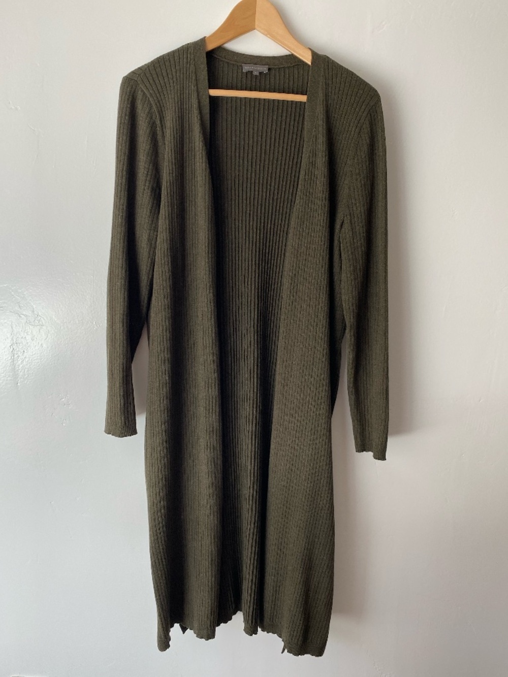 Vince Camuto Olive Green Long Cardigan Size L Women's Duster Knit Open Front
